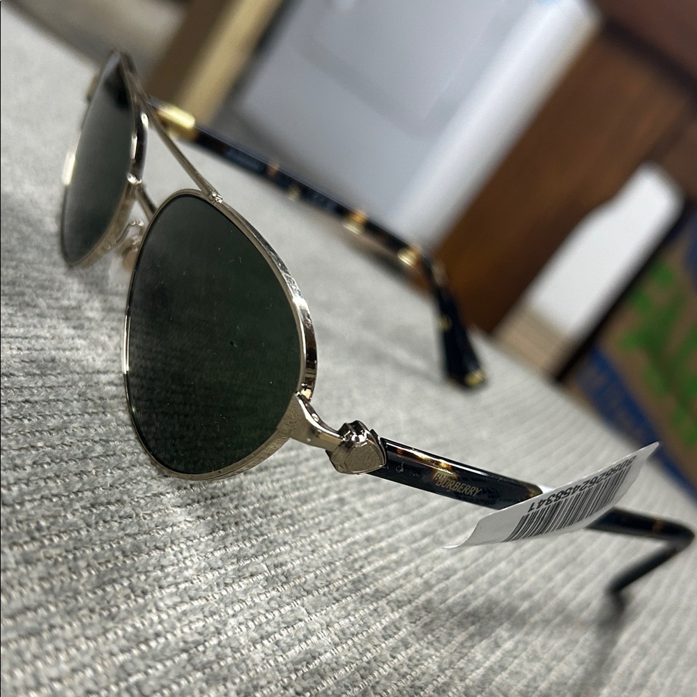 Burberry Gold Frame Sunglasses with Green Lenses and Tortoiseshell Temples